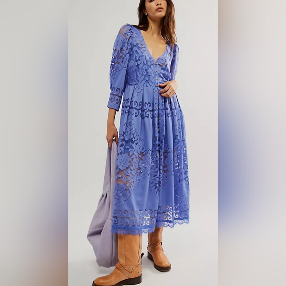 Free People Shadow Dance Midi Persian Jewel Blue Medium #155 Boho Dress - Picture 1 of 16